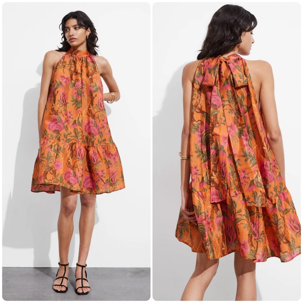 & Other Stories Womens Linen Blend Floral Bow Detail Tiered Trapeze Mini Dress 8